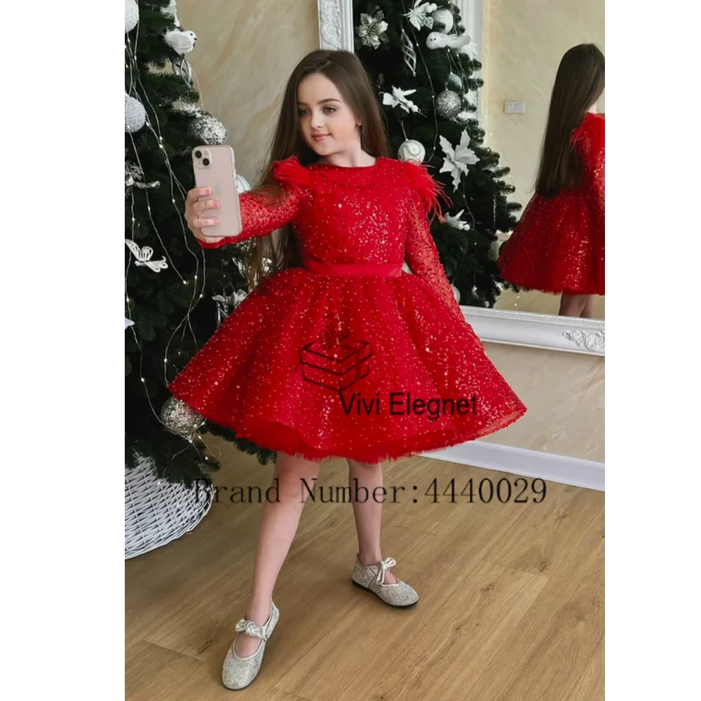 

Red Flower Girls Dresses with Feather 2024 Full Sleeve Satin Wedding Party Dresses with Sequined New Summer فلور فتاة اللباس