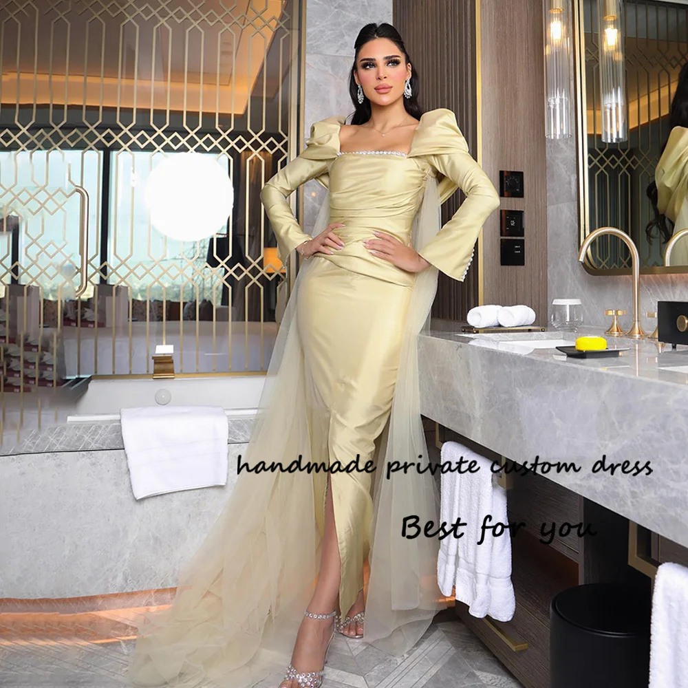 Yellow Satin Mermaid Evening Dresses Long Sleeve Square Neck Arabia Dubai Formal Prom Dress with Slit Party Gowns
Yellow Satin Mermaid Evening Dresses Long Sleeve Square Neck Arabia Dubai Formal Prom Dress with Slit Party Gowns