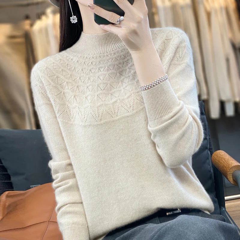 Autumn Beige Wool Sweater Women Half High Collar Long Sleeve Tops Knitted Pullover Casual Hollow Out Basic Female Jumper Pull
Autumn Beige Wool Sweater Women Half High Collar Long Sleeve Tops Knitted Pullover Casual Hollow Out Basic Female Jumper Pull
