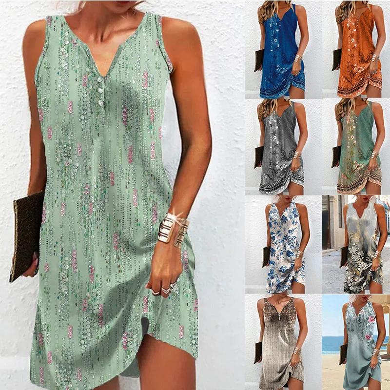 Women's Slim Vest Floral Printed Dresses Summer Vintage V-Neck Sleeveless Casual Mini Dress Female Beach Party Dresses Vestidos
Women's Slim Vest Floral Printed Dresses Summer Vintage V-Neck Sleeveless Casual Mini Dress Female Beach Party Dresses Vestidos