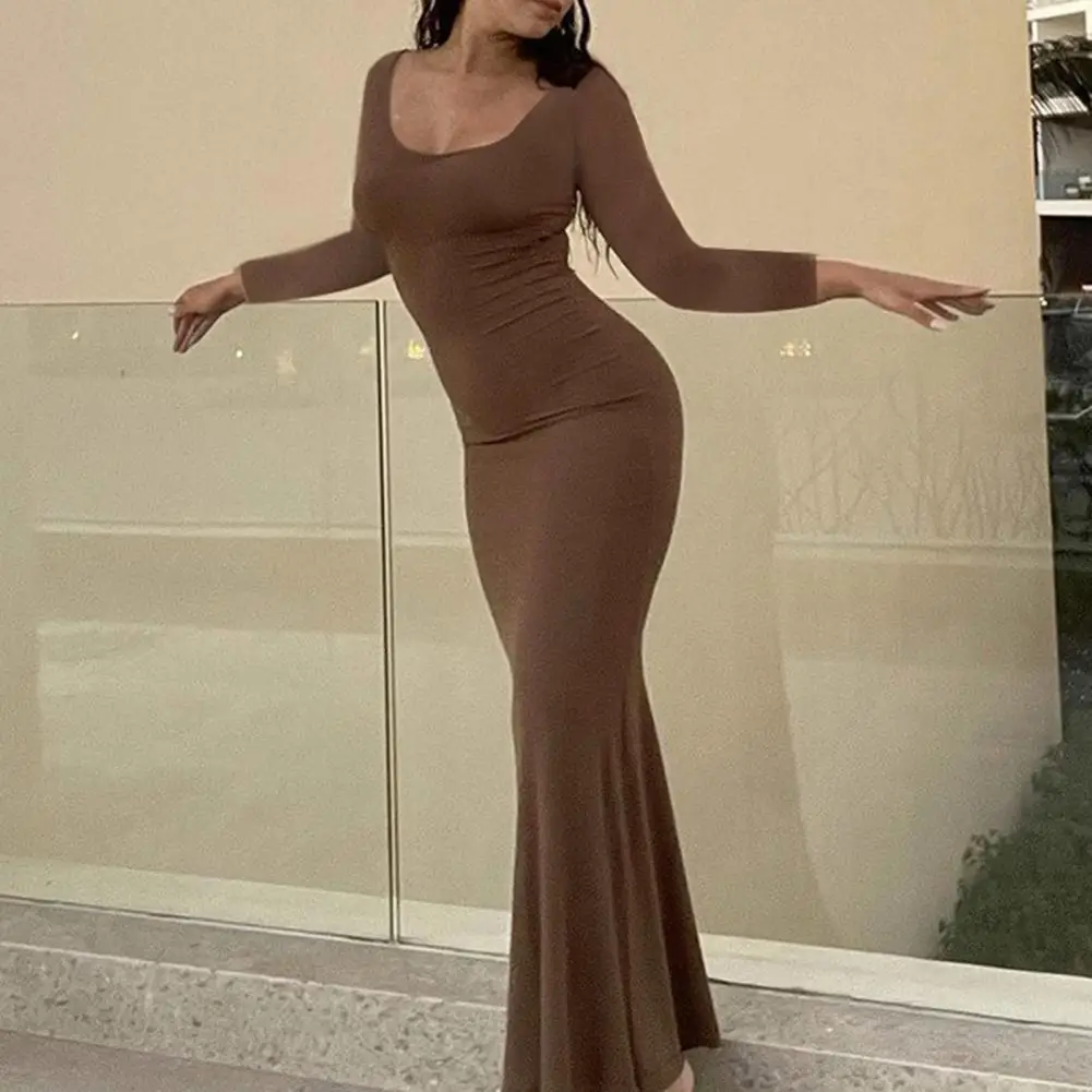 

Women Autumn Solid Color Slim Fit Maxi Dress Scoop Neck Long Sleeve Fishtail Hem Bodycon Maxi Dress Streetwear