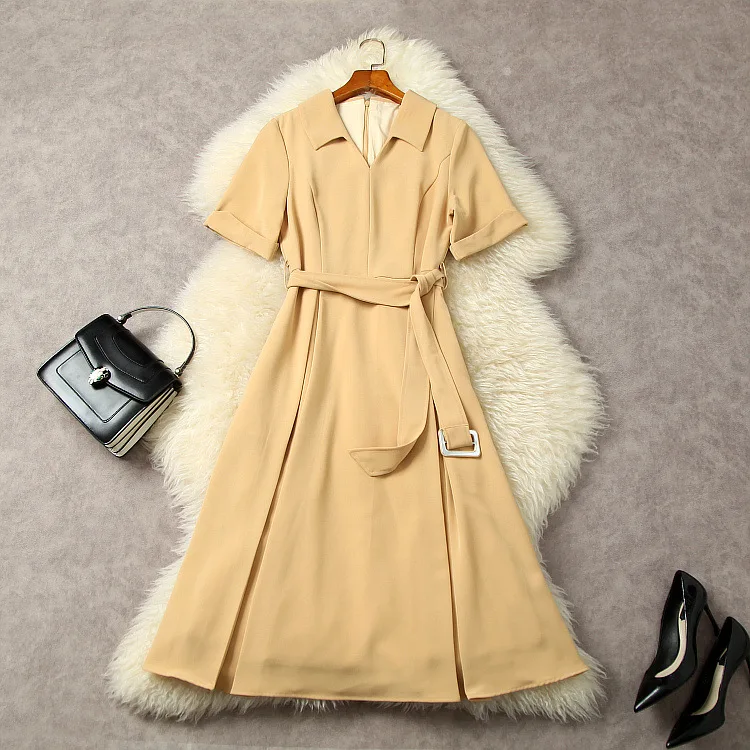European and American women's clothes 2023 spring new lapel Short sleeve belt solid color Fashion pleated dress
European and American women's clothes 2023 spring new lapel Short sleeve belt solid color Fashion pleated dress