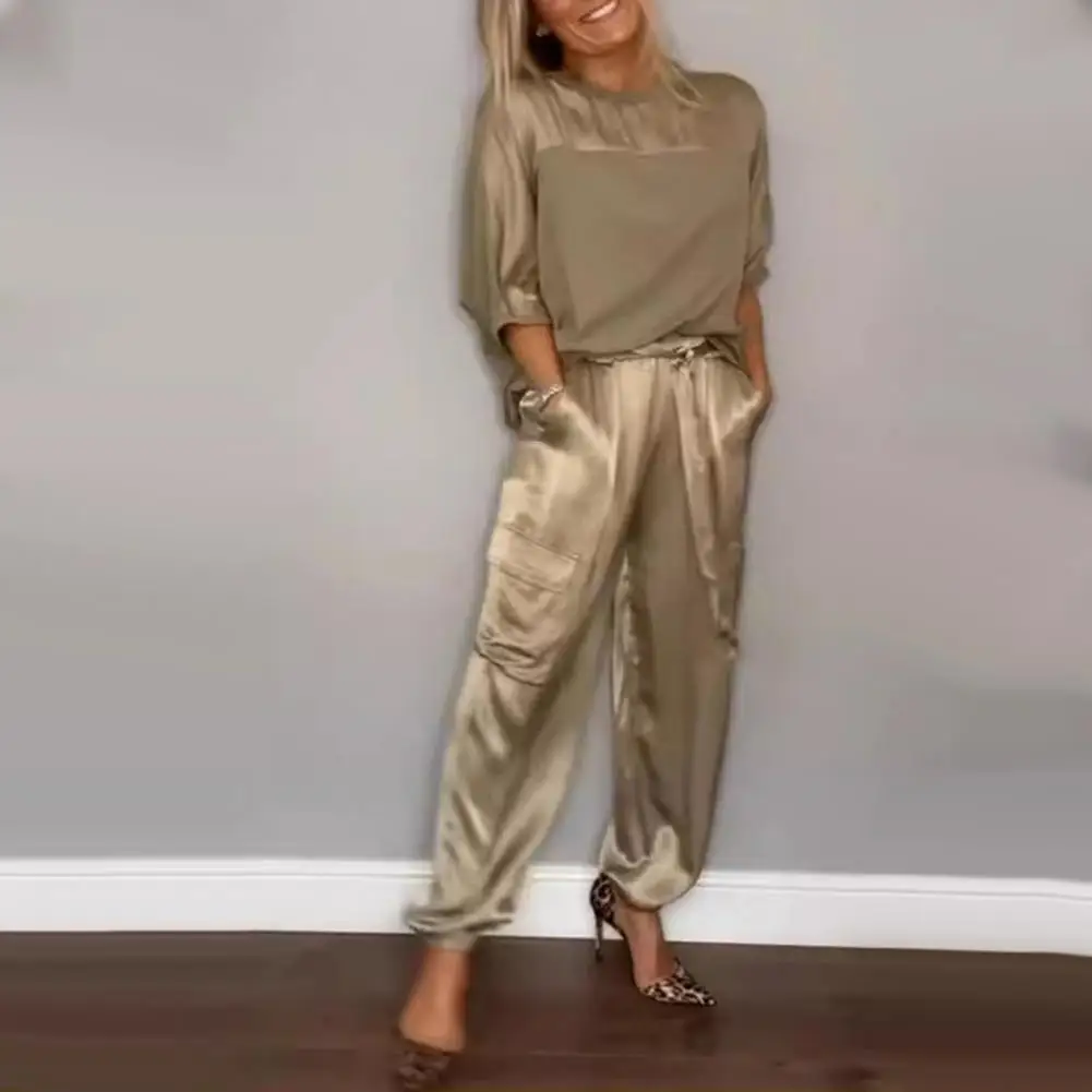 Women Patchwork Suit Elegant Satin Women's Top Pants Set with Lace-up Waist Pockets Three Quarter Sleeves O Neck for Stylish
Women Patchwork Suit Elegant Satin Women's Top Pants Set with Lace-up Waist Pockets Three Quarter Sleeves O Neck for Stylish
