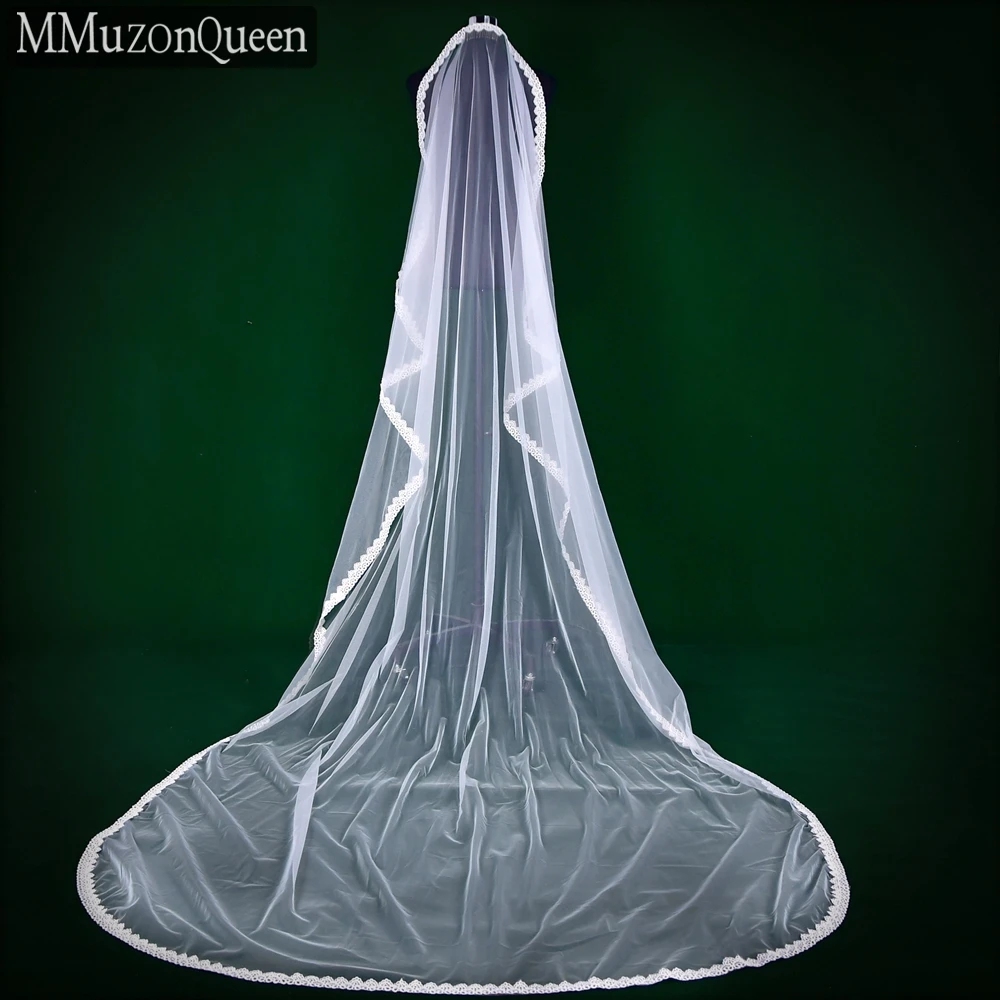 

MMQ M09 Lace Edge Long Wedding Veil 1 Tier Tulle Yarn Elegant Girlfriend Accessories 3M Cathedral Bridal Veil With Comb