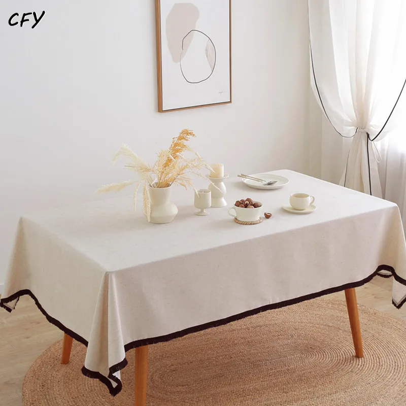 

Cotton Linen Solid with Coffee Tassels Rectangular Table Cloth Kitchen Table Map Towel Tablecloth Christmas Decoration