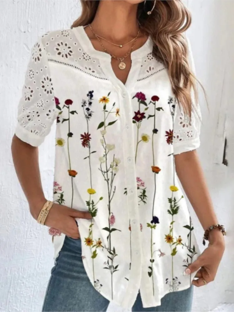 Summer Women Print Blouse Fashion V Neck Short Sleeve Button Hollow Out Top Shirt Casual Elegant Party Shirts New
Summer Women Print Blouse Fashion V Neck Short Sleeve Button Hollow Out Top Shirt Casual Elegant Party Shirts New