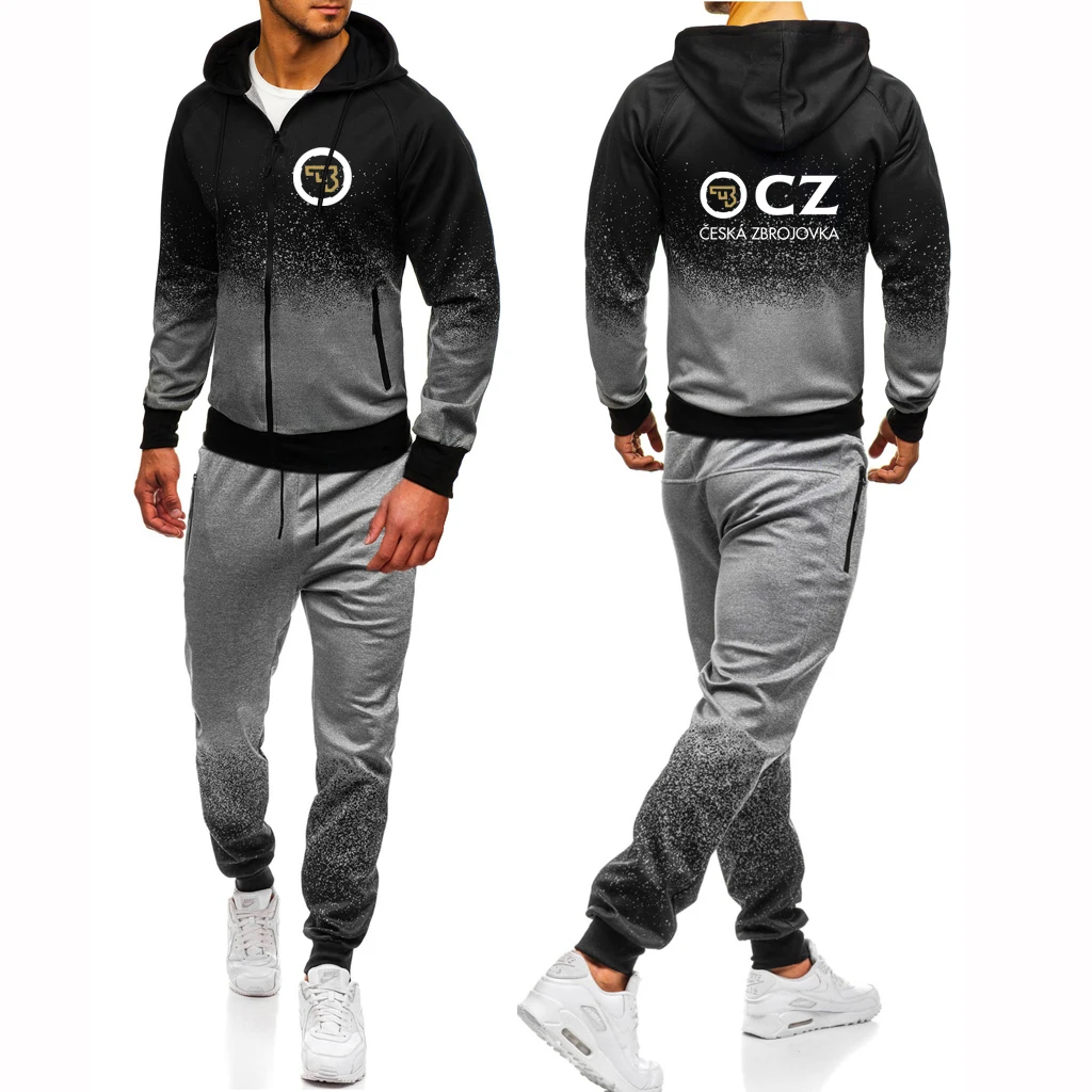 

2023 New CZ Logo Tracksuit 2 Piece Sets Man's Ceska Zbrojovka Print Gradient Color Hooded Sweatshirt And Jogger Sweatpants Suits