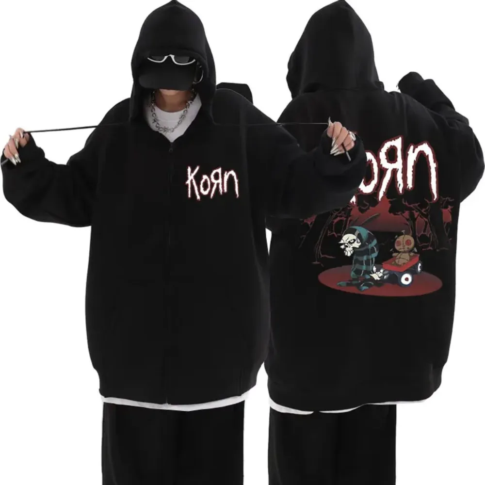 

Rock Band Korn Graphic Zipper Hoodie Man Vintage Sweatshirt Men's Gothic Zip Up Hoodies Men Women Casual Black Oversized Jacket