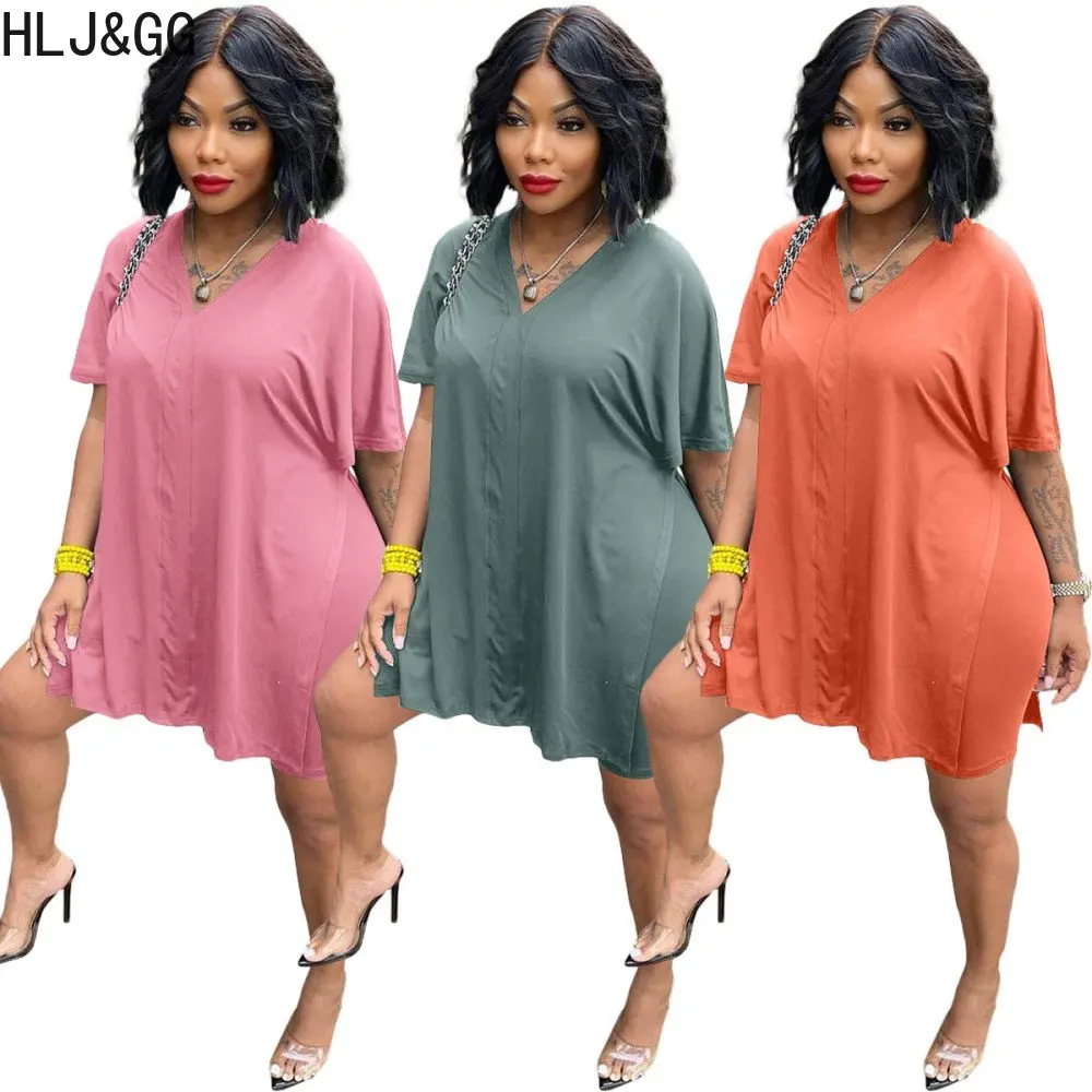 

HLJ&GG Casual Solid Color Two Piece Sets Women V Neck Slit Side Top And Shorts Tracksuits Female Sporty 2pcs Outfits 2023 New