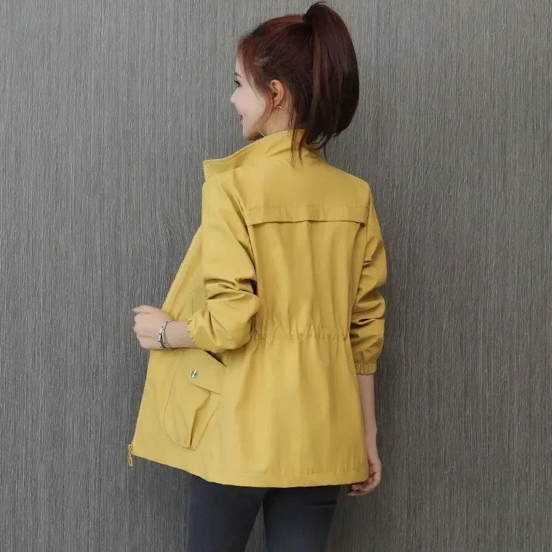 

Korean Women Trench Coats Casual Lapel Drawstring Windbreake Spring Loose Gabardina Khaki Mid-length Jacket Big Abrigos G04