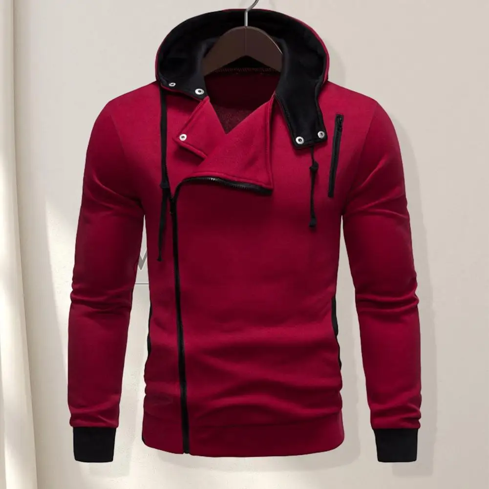 

Diagonal Zipper Hoodie Men's Fall Hoodie with Oblique Zipper Elastic Cuff Long Sleeve Hooded Sweatshirt in Contrast Colors