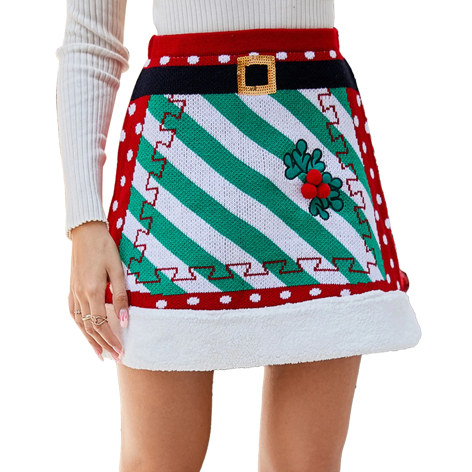 

Autumn Womens A-Line Christmas Knitted Skirt Cosplay Costumes Fashion Contrast Color Stripe Dot Print Flannel Trim Miniskirt