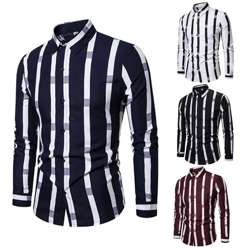 

Europe and America Men's Shirts Foreign Trade Long Sleeves Stripe Lapel Loose Leisure Streetwear Loose Breathable Fashion