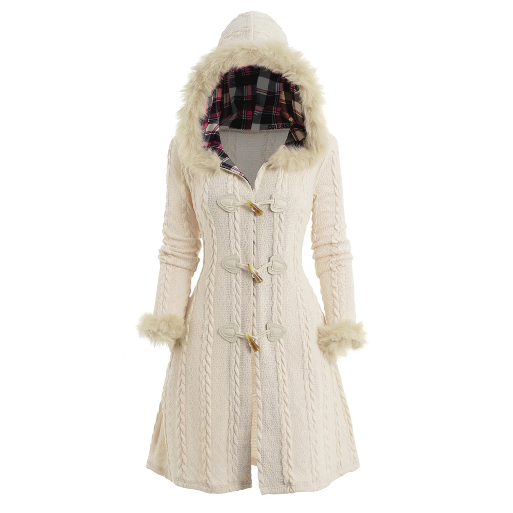 

Dressfo Cable Knit Plaid Faux Fur Panel Hooded Sweater Coat Warm For Winter Horn Button Long Knitted Long Knitwear