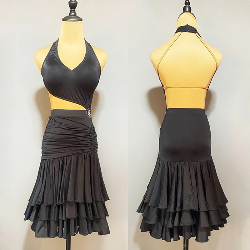 

New Latin Dance Dress Black Sexy Dress Women Hanging Neck Ruffled Skirt Adult Rumba Tango Salsa Dance Practice Clothes JL5996