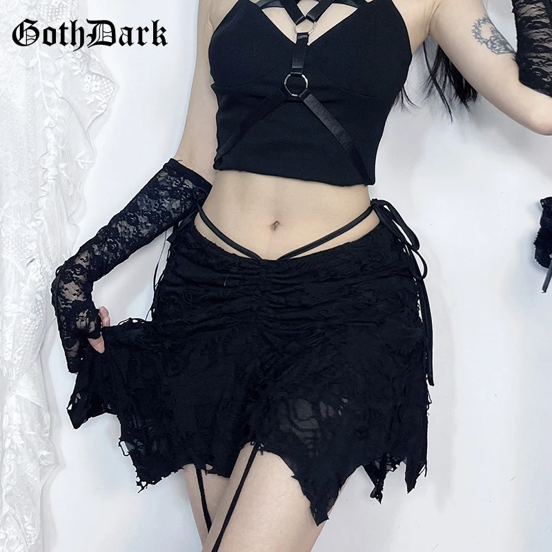 

Goth Dark Casual Mall Goth Black Holes Irregular Hem Short Skirt Harajuku Aesthetic Drawstring Bandage Mini Skirts Grunge Bottom