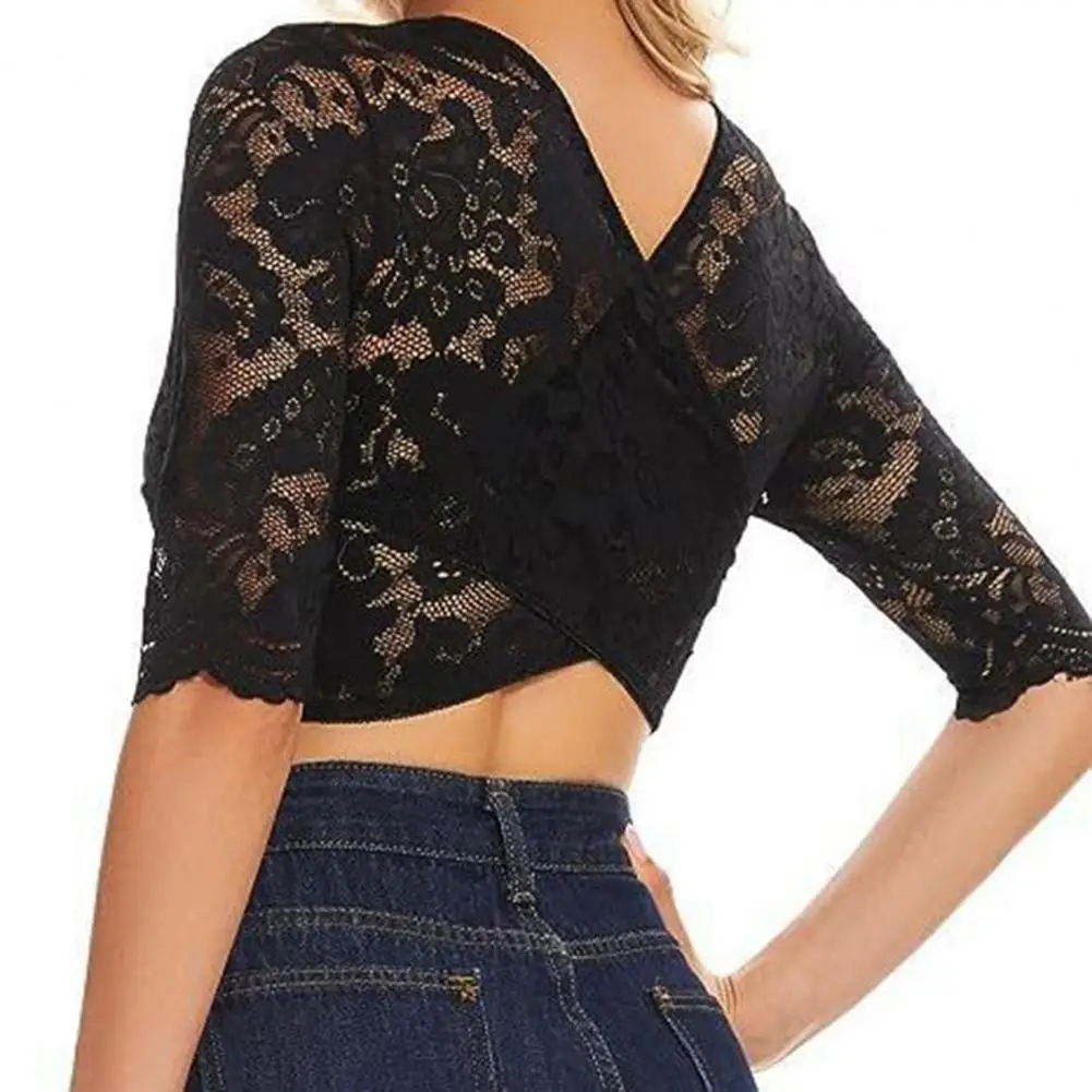 Women Underwear Elegant Lace V-neck Crop Top with Flower Embroidery Thin Half Sleeves Women's See-through Slim Fit for A 
Women Underwear Elegant Lace V-neck Crop Top with Flower Embroidery Thin Half Sleeves Women's See-through Slim Fit for A
