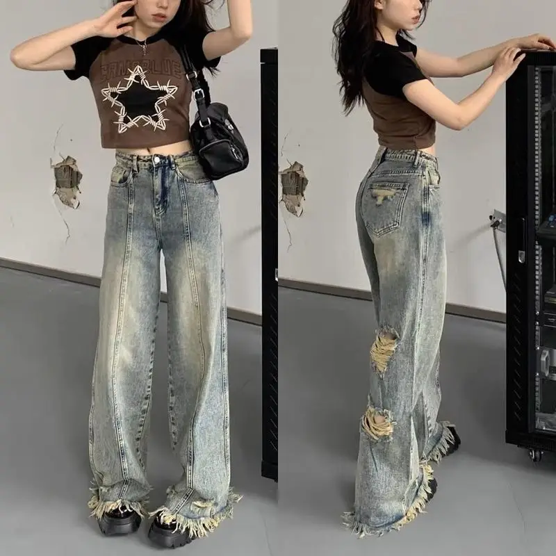 

Raw Edge Ripped Jeans for Women Street Hip Hop Washed and Distressed High Waisted Jeans Woman Wide Leg Baggy Jeans Women Pants