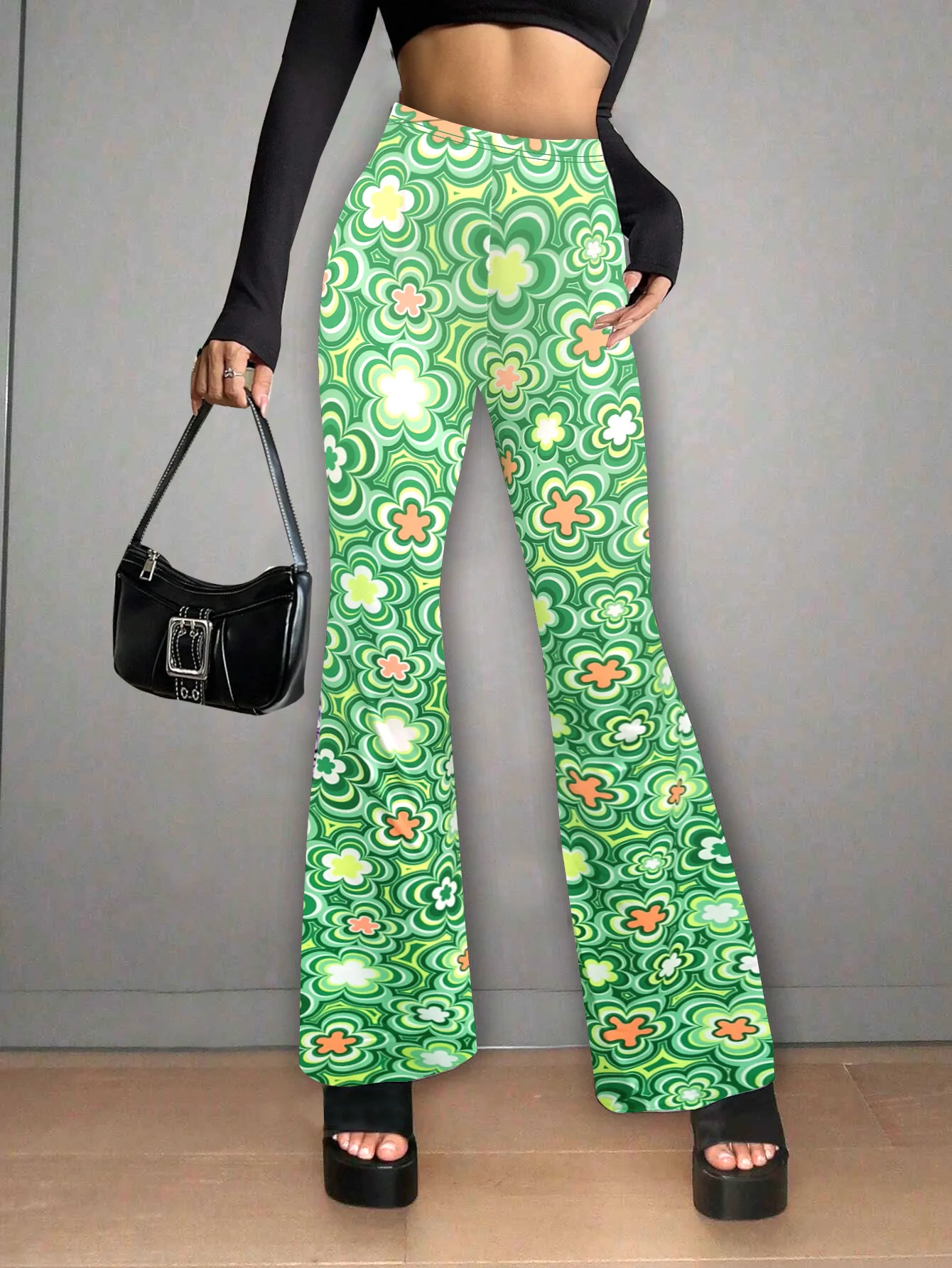 

2024 New Women's Retro Printed Street Pants Fashion Casual Bell Pants XS-XL
