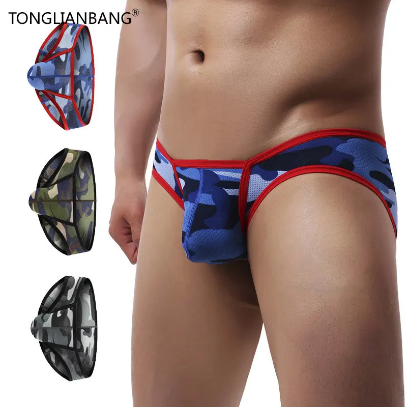 

Camo Mens Briefs Underwear Sexy Low Waist U Convex Penis Pouch Cuecas Men Breathable Mesh Panties Underpants Men Tanga Jockstrap