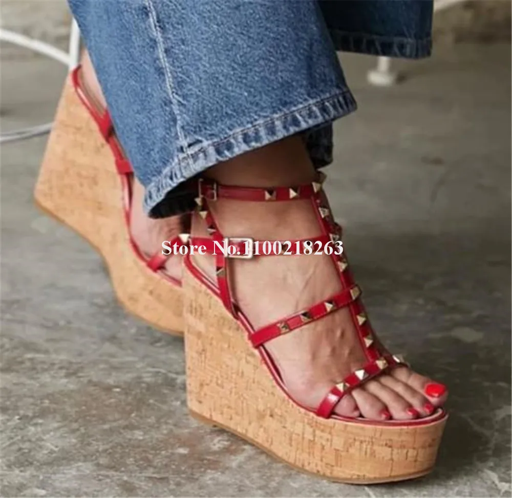 

Gold Metal Rivets High Platform Wedge Sandals Red Black Matte Leather Straps Studs Wooden Bottoms Wedges Party Heels