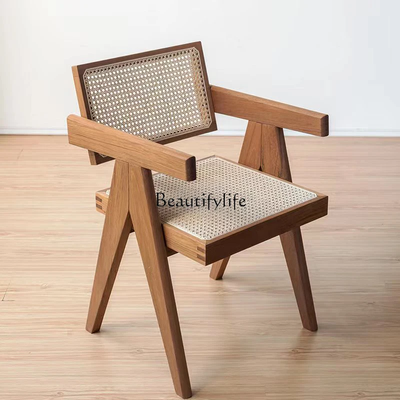 

Teak Rattan Dining Chair Nordic Solid Wood Silent Style Mid-Ancient Armrest Backrest High-End Dining Chair