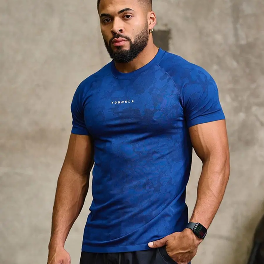 

Fitness suit camouflage sports t-shirt muscle tight high elasticity training short sleeved men clothing