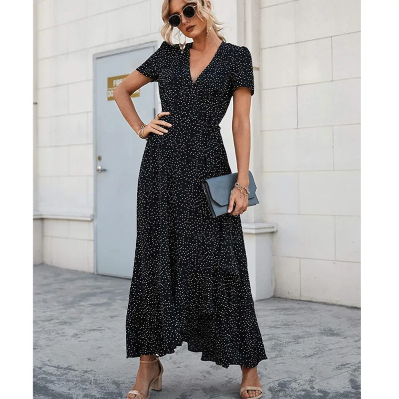 Fashion V-neck Short Sleeve Black Long Dresses Women Summer Elegant Casual Dresses Pleated Bottom Split Beach Dress Female 2023
Fashion V-neck Short Sleeve Black Long Dresses Women Summer Elegant Casual Dresses Pleated Bottom Split Beach Dress Female 2023