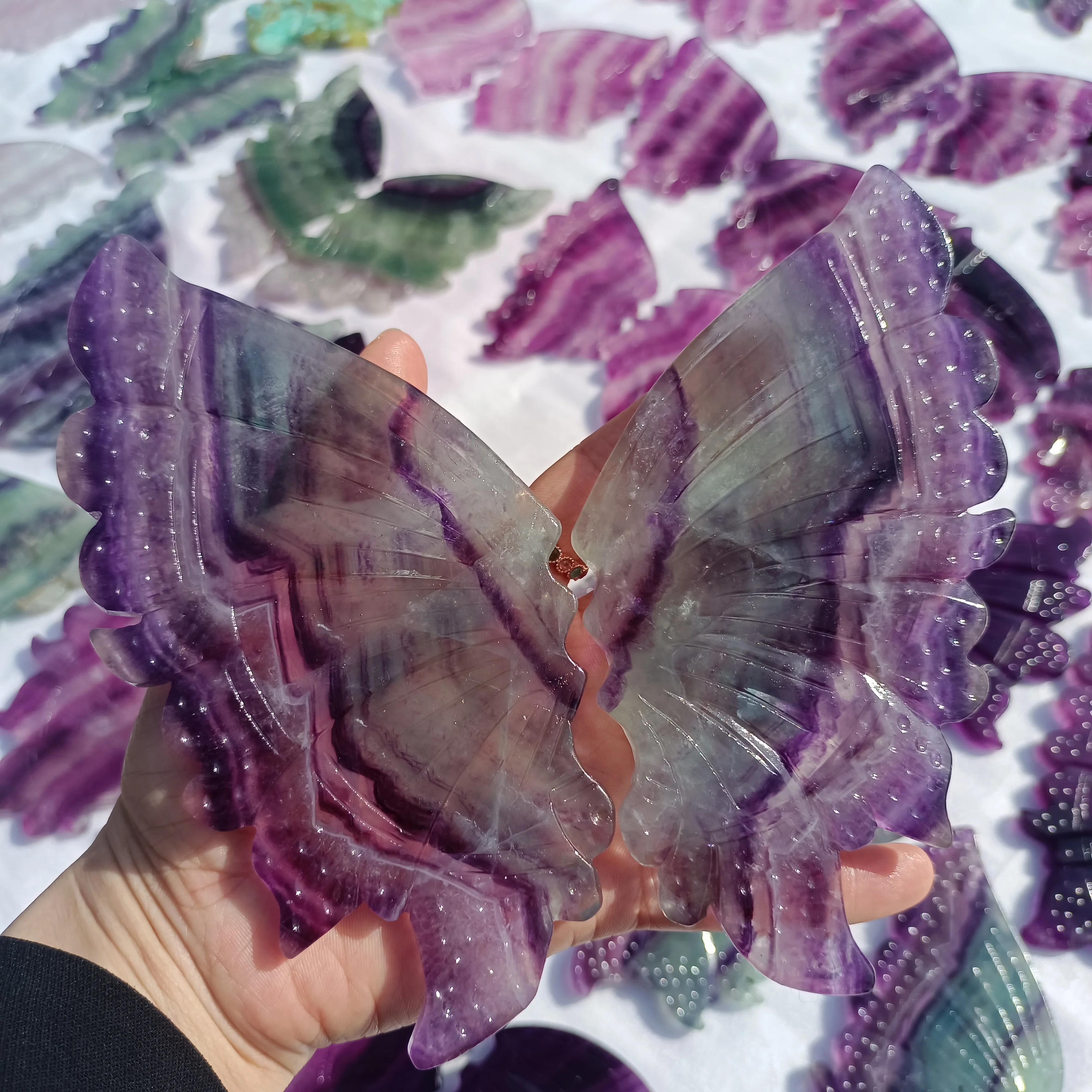 

15-18cm Natural Chromatic Fluorite Hand-Carved Butterfly Wings Quartz Crystal Energy Mineral Specimen Reiki Healing Decor Gift