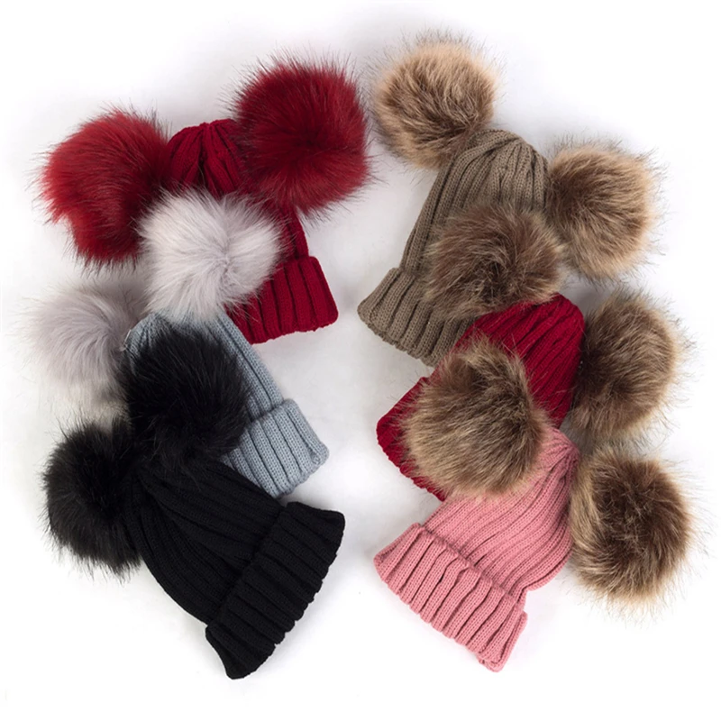Baby Beanies Hats Children Knitted Cap Warm Winter Autumn Pompon Fur Beanie Caps Casual Solid Color Boy Girls Hat With Two Balls | Детская