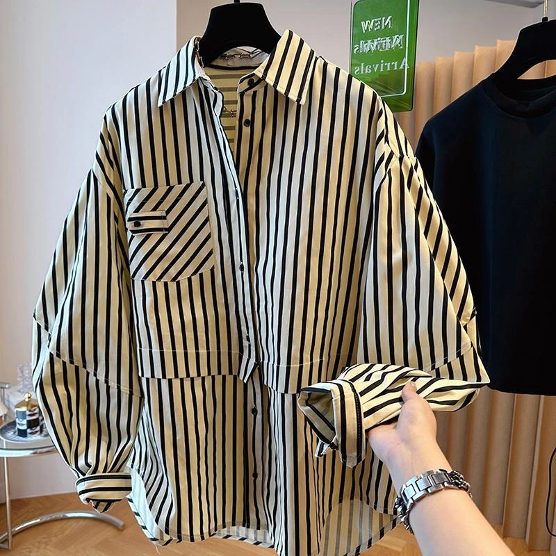 Striped Long Sleeve Shirts for Men Vintage Blouses Loose Button Up Tops Korean Fashion Casual High Street 2024 Autumn E22 
Striped Long Sleeve Shirts for Men Vintage Blouses Loose Button Up Tops Korean Fashion Casual High Street 2024 Autumn E22