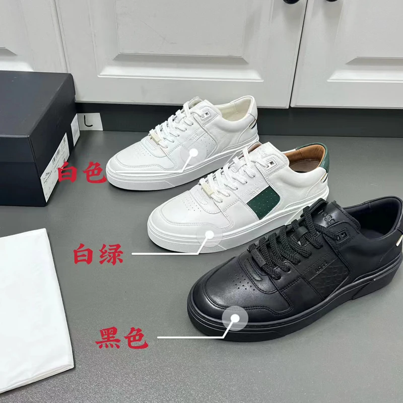 

2024 Hot Sell Style Low-Top Trainers With Signature-Stripe Trim Men's Sneakers Black Leather Flat bottomed Lace up Casual Shoes