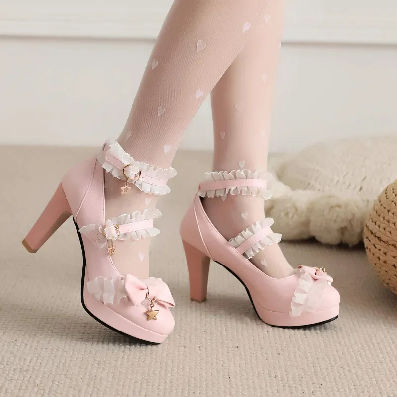

2024 Sweet Princess Heels Platform Cute Bow Lace Girls High-Heeled Double Buckle Kids Pumps Mary Jane Lolita Shoes Child 7-12+Y
