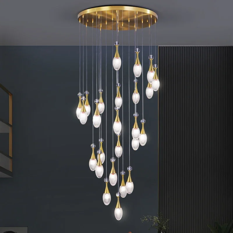 

Modern Luxury Water Drop Decorative Crystal Aluminum LED Villa Duplex Stairwell Lamp High Ceiling Staircase Long Chandelier