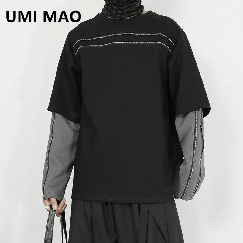 

UMI MAO Original Men Heavyweight Top Autumn Winter Zipper Decoration Design With Contrast Loose Round Neck Pullover Sweater Top