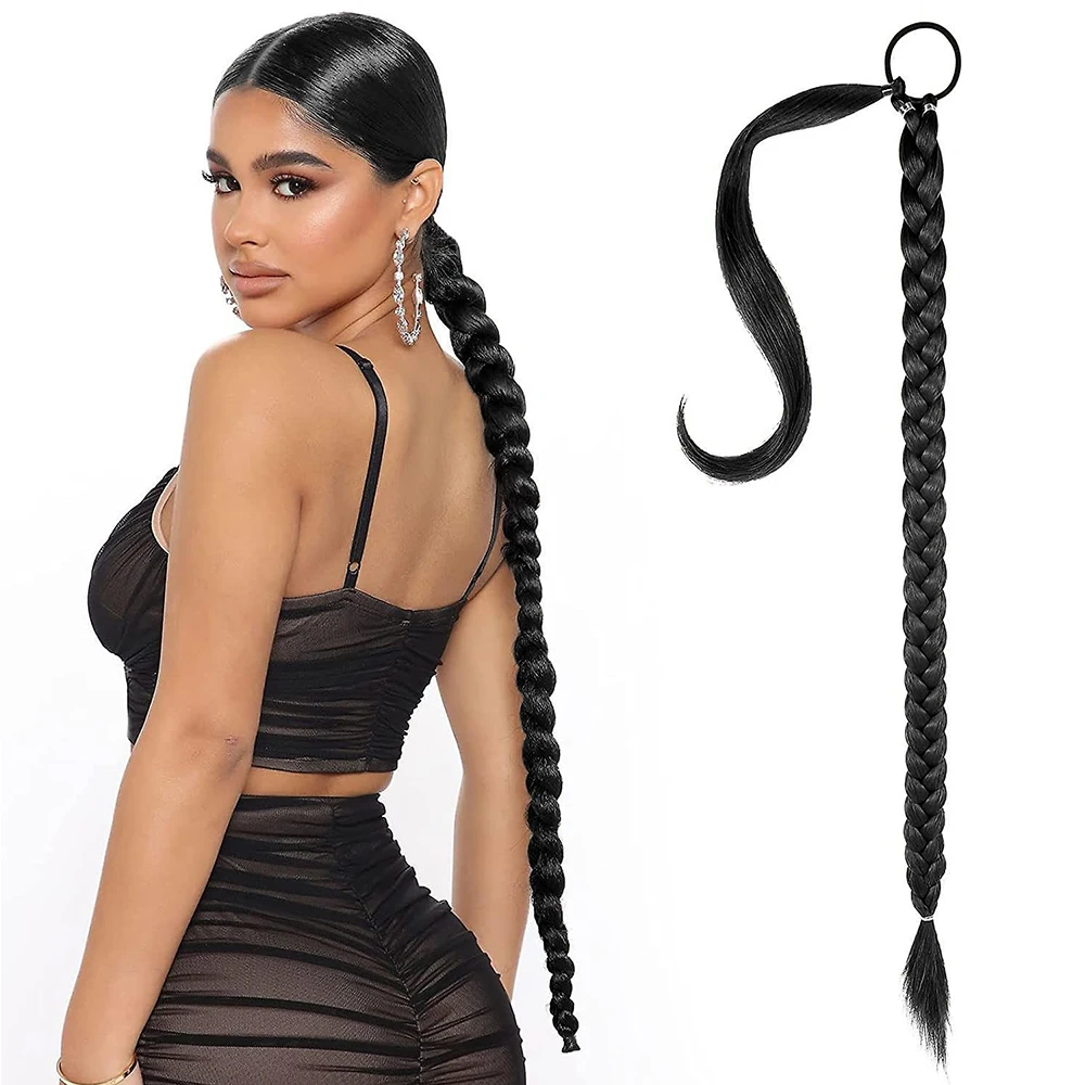 

Synthetic Long Braided Ponytail Hair Extension For Women Boxing Braids Wrap Around Chignon Tail With Rubber Band Hair DIY