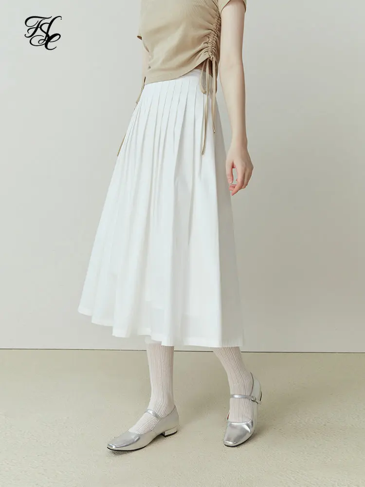 

FSLE White Women Commuter Summer Casual A-LINE Skirts Back Elastic Waist Design Long Pleated Solid Skirts Female Mid-Calf Skirts