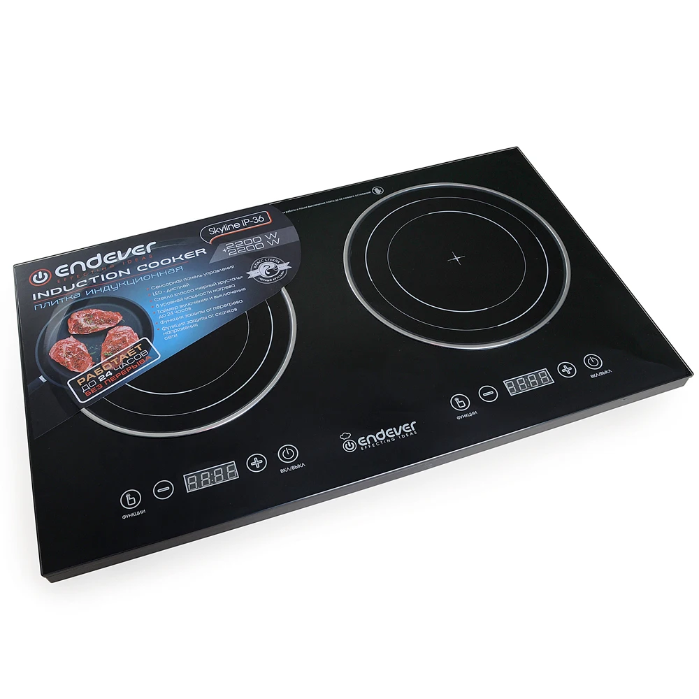 Индукционная электрическая плита Endever Skyline IP-36 80422 (Мощность 2200 Вт, 2 варочные панели, поверхность - Стекло класса «черный хрусталь», Сенсорная панель управления)