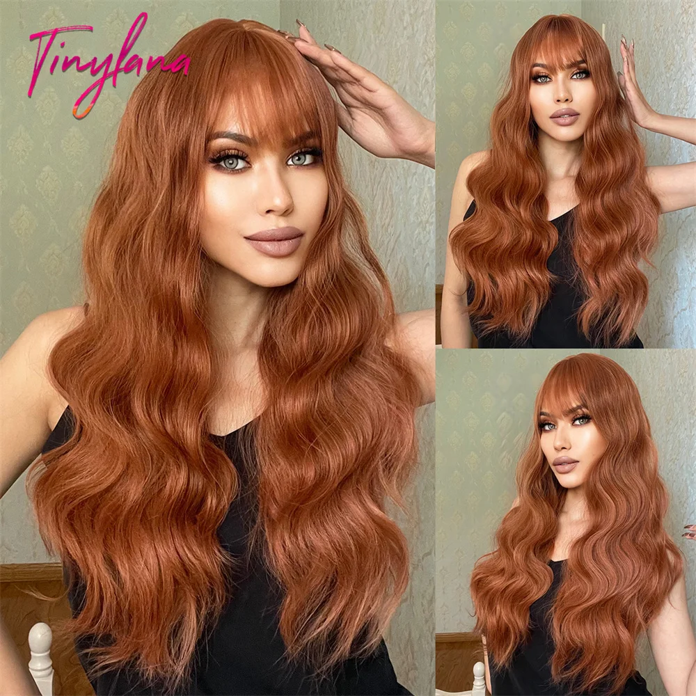 

Long Copper Ginger Curly Synthetic Wigs Orange Brown Wig with Bang for Women Afro Water Wave Cosplay Natural Hair Heat Reisitant