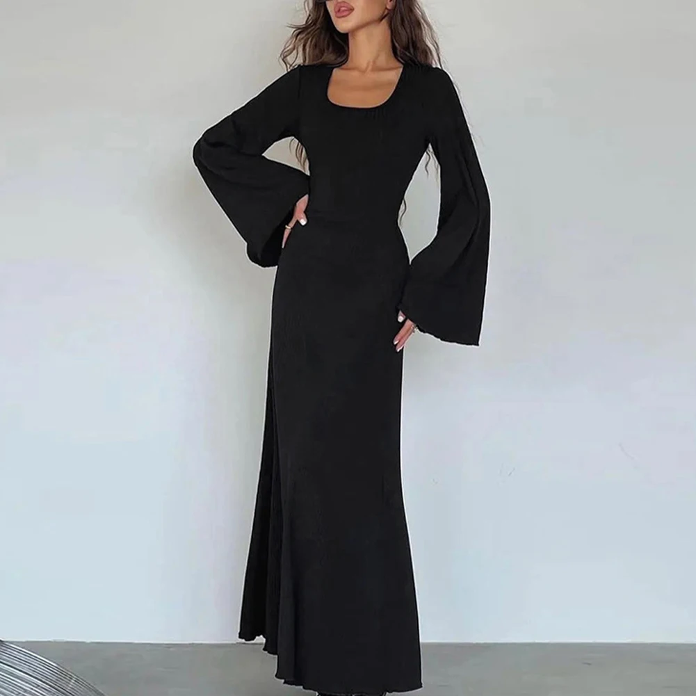 Women's U-neck Ribbed Bell Long Sleeve Back Strap Maxi Dress Elegant Spring Party Dress Gown Fashion Solid Color Female Dress
Women's U-neck Ribbed Bell Long Sleeve Back Strap Maxi Dress Elegant Spring Party Dress Gown Fashion Solid Color Female Dress