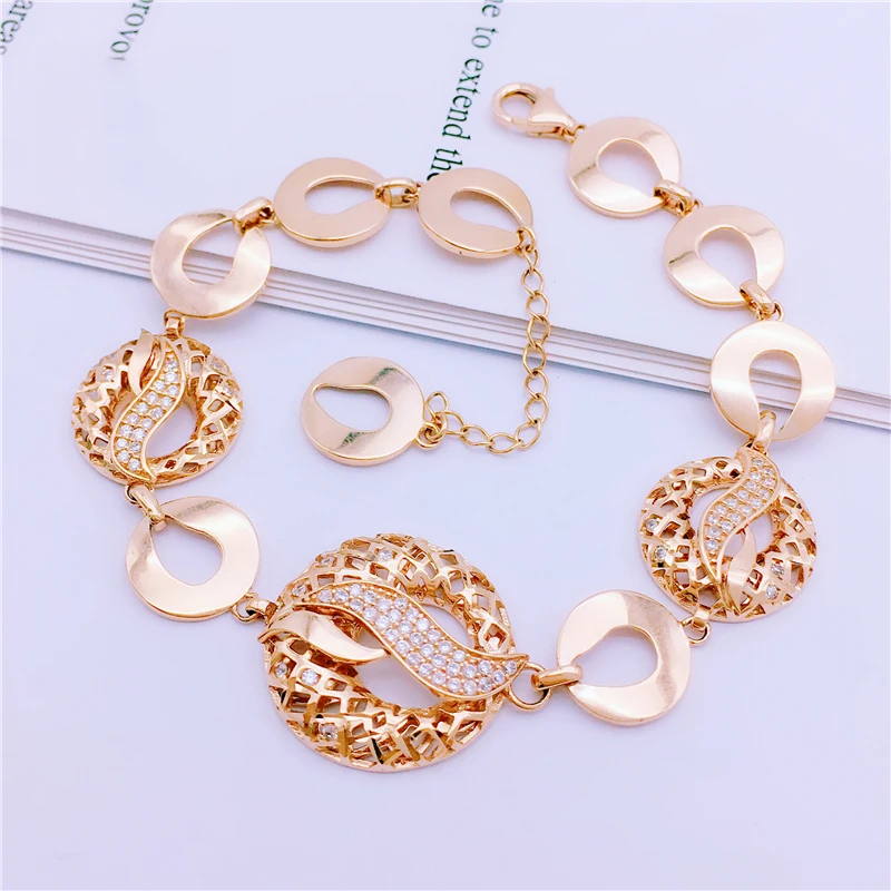 

585 Purple Gold Plated 14K Rose Gold Crystal Openwork Round Bracelet for Women Classic Collection Fashion Luxury Jewelry Gift