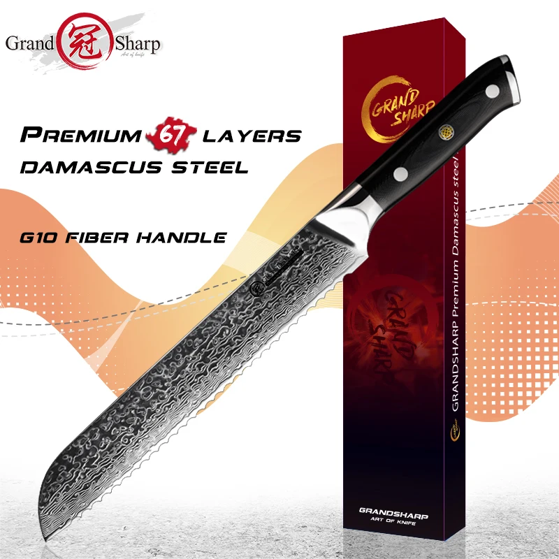 

Professional 8 Inch Bread Knife Damascus Steel Slicer Cutter Cutting Cake High Carbon Steel Kitchen Bakery Tools Grandsharp