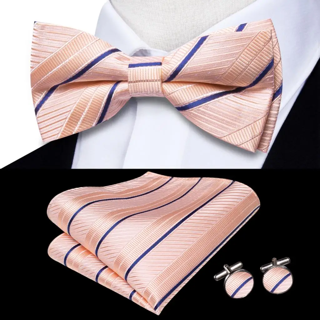 

Hi-Tie Jacquard Pink Blue Striped Bowtie for Men Silk Butterfly Tie Bow Tie Hanky Cufflinks Wedding Party Gift Bowtie Wholesale