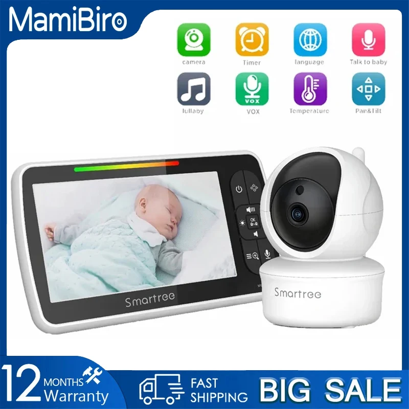 

5 inch Baby Monitor HD IR Night Vision Band Temperature Cry Monitoring Lullabies Two Way Intercom Video Baby Babysitter Camera
