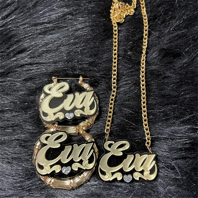 Personalized Jewelry Set Custom Name Charm Jewelry Girls Gold Bamboo Hoop Earrings Acrylic Nameplate Necklace for Women
Personalized Jewelry Set Custom Name Charm Jewelry Girls Gold Bamboo Hoop Earrings Acrylic Nameplate Necklace for Women