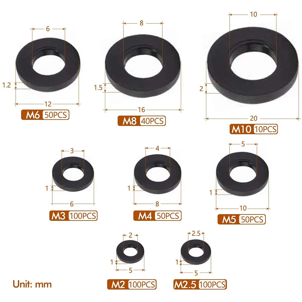 Washers Form Nylon Flat Washers Set 500PCS Black Flat Sealing M2-M10 M2/M3/M4/M5/M6/M8/M10 Plastic New Practical
Washers Form Nylon Flat Washers Set 500PCS Black Flat Sealing M2-M10 M2/M3/M4/M5/M6/M8/M10 Plastic New Practical