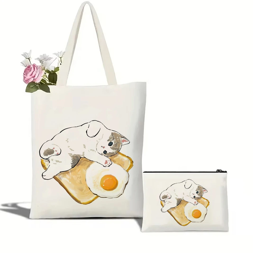 Cute Cats and Food Canvas Tote Bag - Adorable Creativity-Inspired Shoulder Bag 5 S4f8ba3e73a034d82a93671df9d6145330
