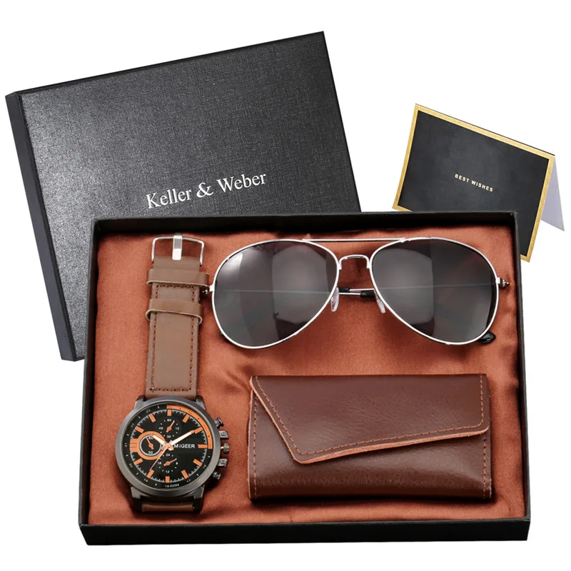 Fashion Men Quartz Analog Wrist Watch Luminous Hands with Black Sunglasses Black/brown Leather Key Package Gift Set To Husband
Fashion Men Quartz Analog Wrist Watch Luminous Hands with Black Sunglasses Black/brown Leather Key Package Gift Set To Husband