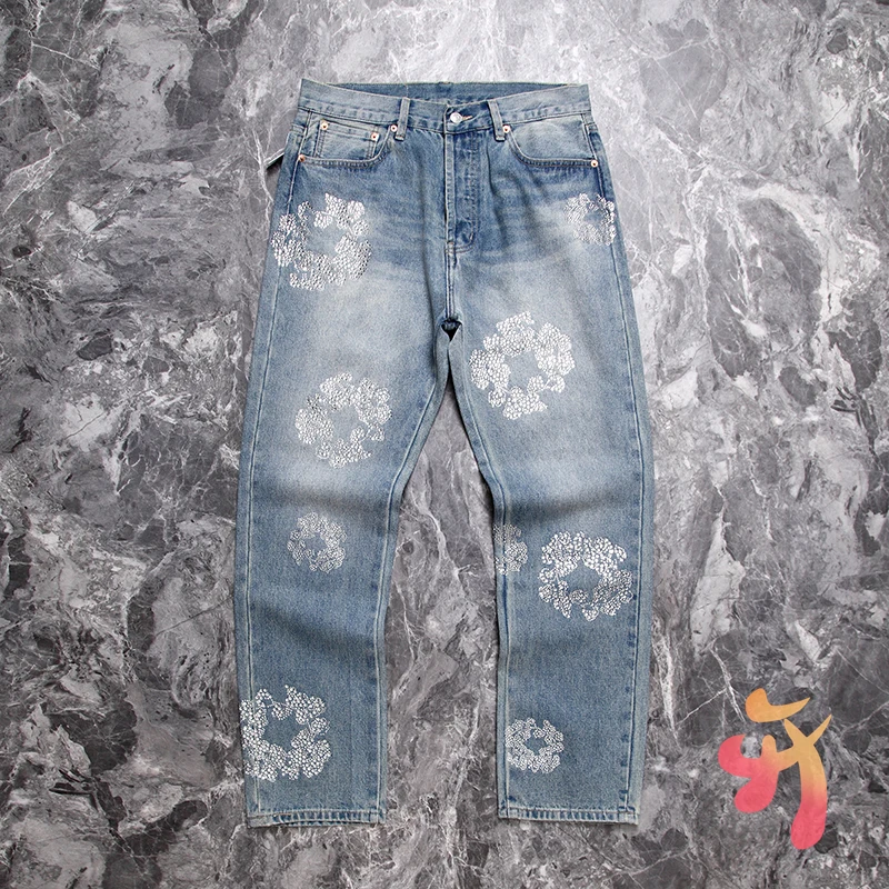 

Fashion Street Hot Drill Denim Tears Jeans Men Women High Quality Flame Kapok Full Print Trousers Casual Loose Jeans Kanye Pants