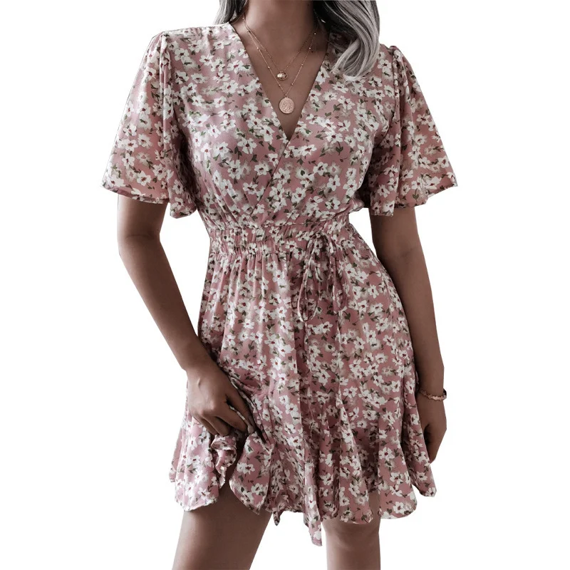 

Женское шифоновое платье в стиле бохо, винтажное платье-трапеция с цветочным принтом, коротким рукавом и V-образным вырезом, с эластичным поясом, для вечеринок, на лето